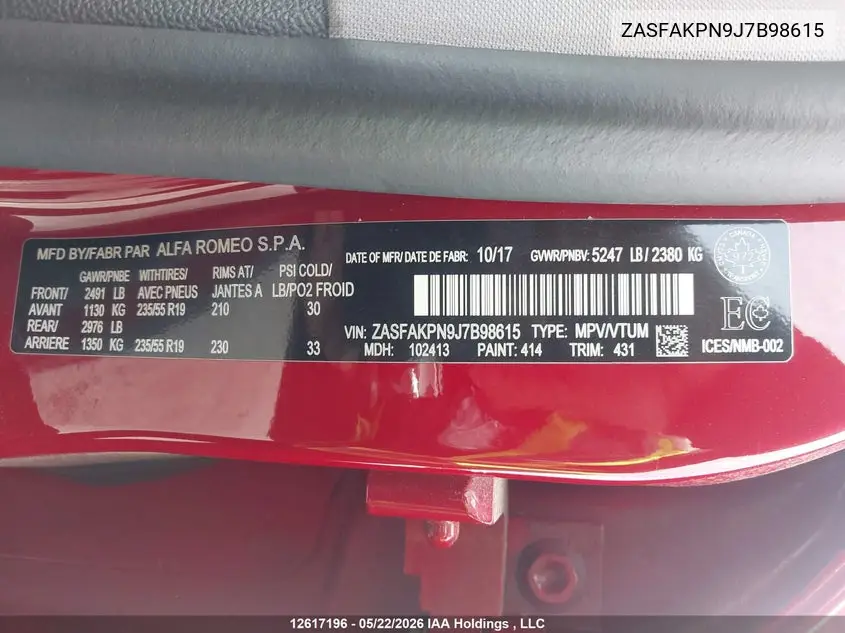 2018 Alfa Romeo Stelvio VIN: ZASFAKPN9J7B98615 Lot: 12617196