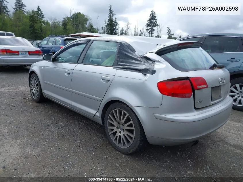 2006 Audi A3 2.0T VIN: WAUMF78P26A002598 Lot: 39474763