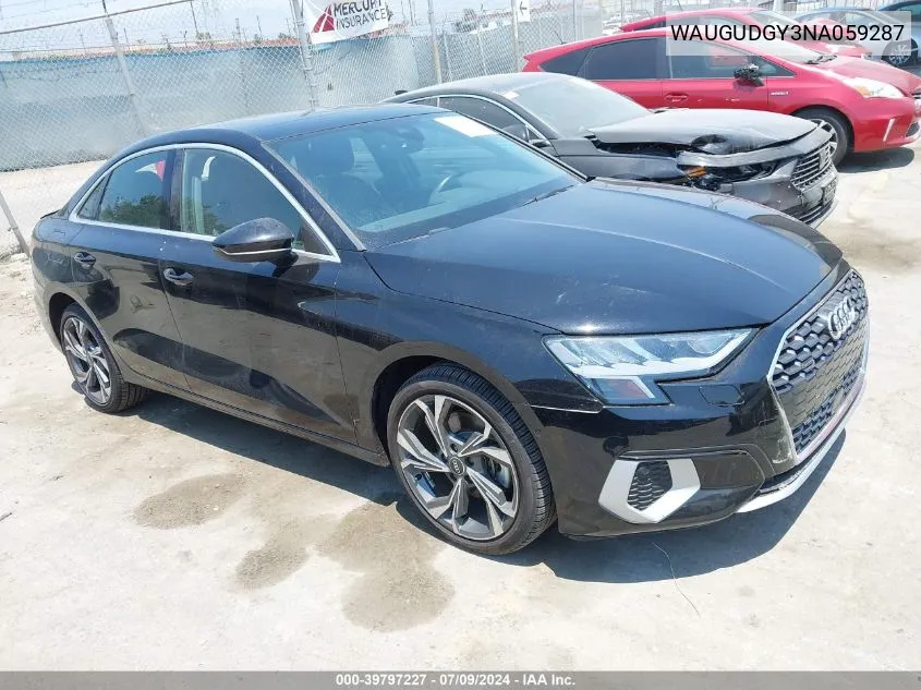 2022 Audi A3 Premium 40 Tfsi Quattro S Tronic VIN: WAUGUDGY3NA059287 Lot: 39797227