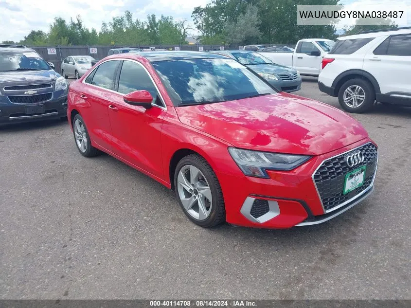 2022 Audi A3 Premium 40 Tfsi Front-Wheel Drive S Tronic VIN: WAUAUDGY8NA038487 Lot: 40114708