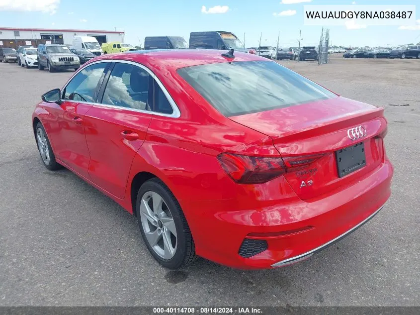 2022 Audi A3 Premium 40 Tfsi Front-Wheel Drive S Tronic VIN: WAUAUDGY8NA038487 Lot: 40114708