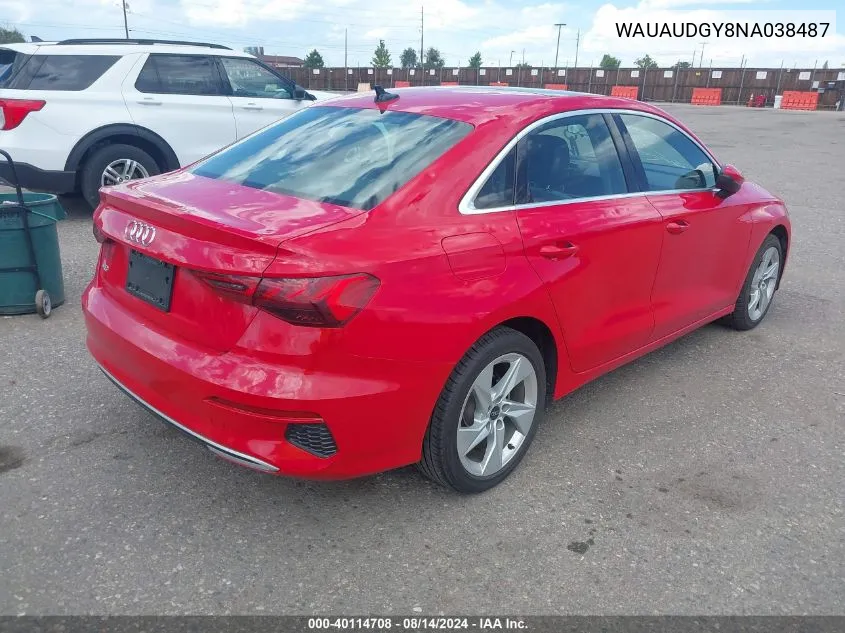 2022 Audi A3 Premium 40 Tfsi Front-Wheel Drive S Tronic VIN: WAUAUDGY8NA038487 Lot: 40114708