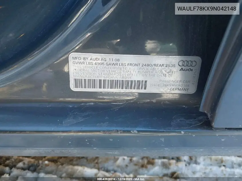 WAULF78KX9N042148 2009 Audi A4 2.0T Premium