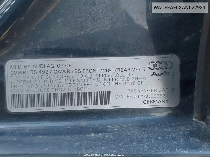 WAUFFAFLXAN022931 2010 Audi A4 2.0T Premium