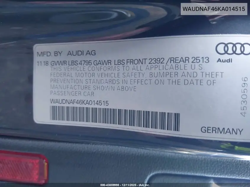 WAUDNAF46KA014515 2019 Audi A4 45 Premium