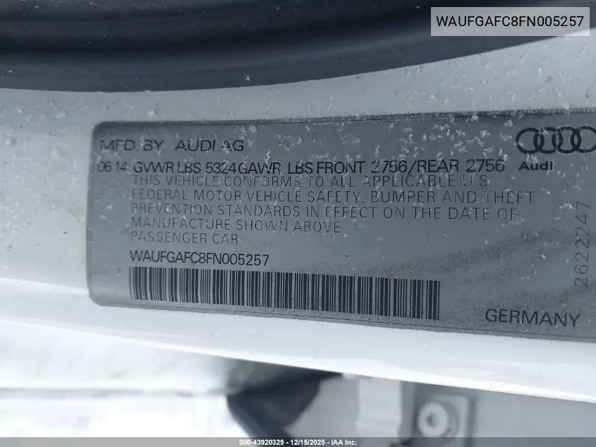 WAUFGAFC8FN005257 2015 Audi A6 3.0T Premium Plus