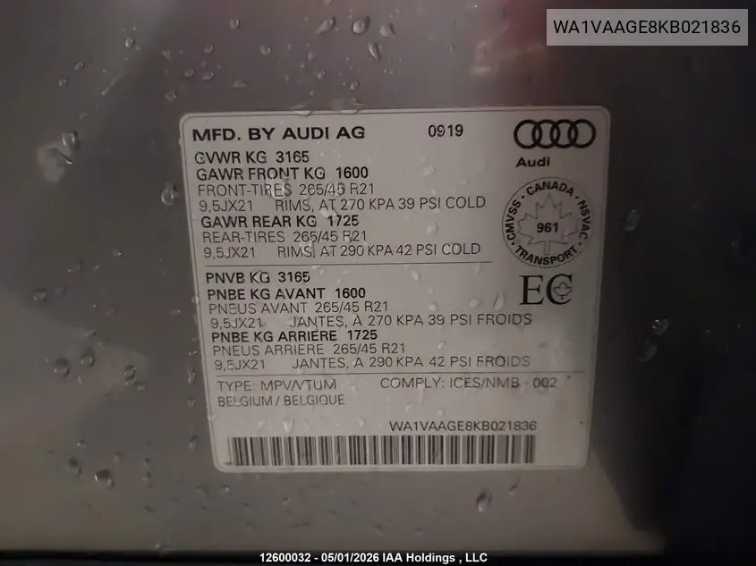 2019 Audi E-Tron Prestige VIN: WA1VAAGE8KB021836 Lot: 12600032