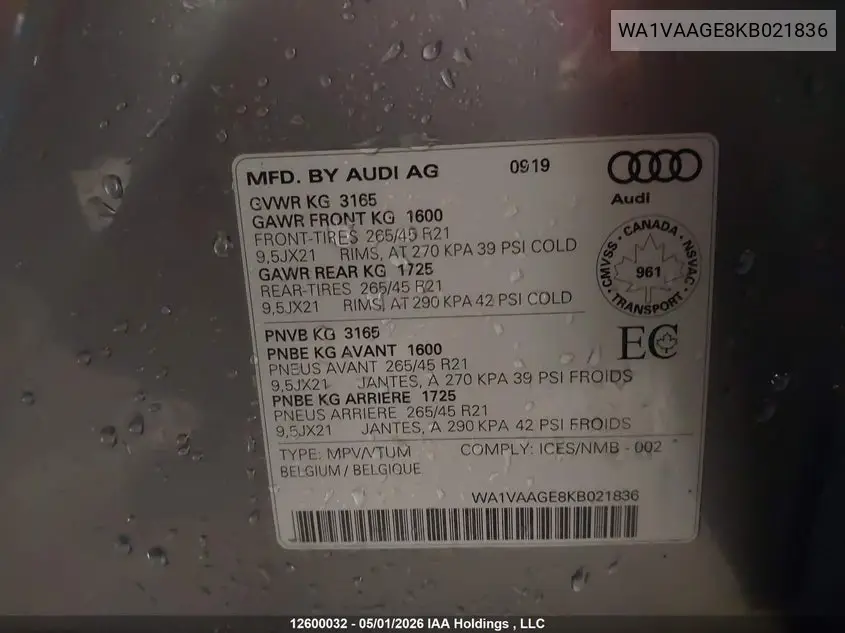 2019 Audi E-Tron Prestige VIN: WA1VAAGE8KB021836 Lot: 12600032