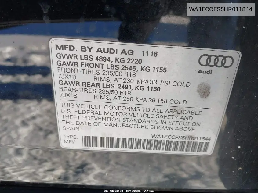 WA1ECCFS5HR011844 2017 Audi Q3 2.0T Premium