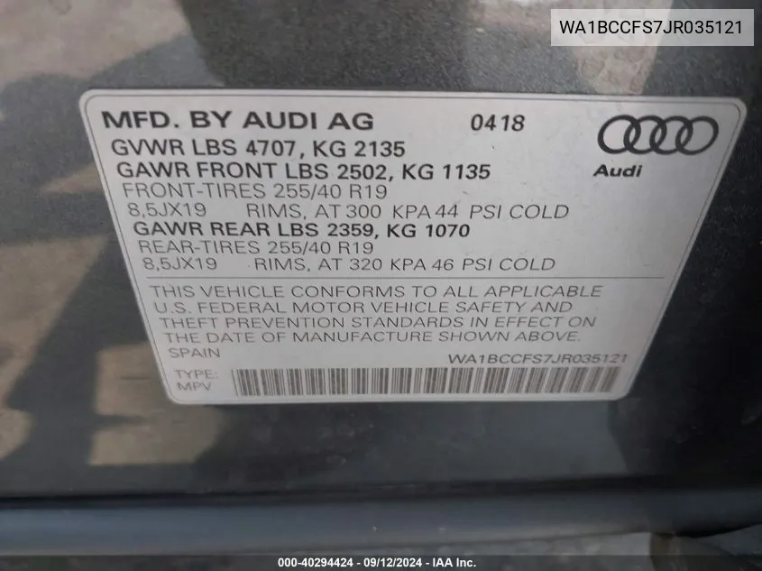 WA1BCCFS7JR035121 2018 Audi Q3 Premium