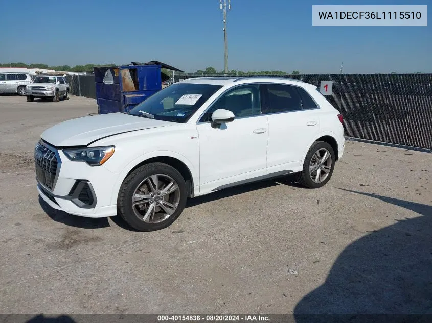 2020 Audi Q3 Premium 45 Tfsi S Line Quattro Tiptronic VIN: WA1DECF36L1115510 Lot: 40154836