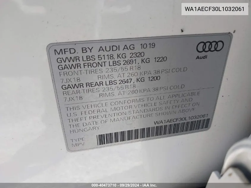 WA1AECF30L1032061 2020 Audi Q3 Premium