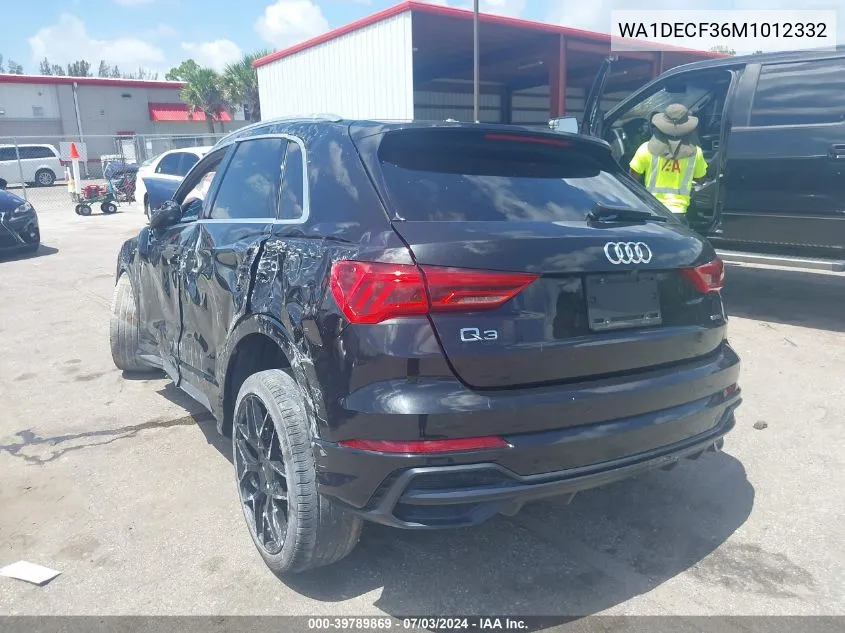 2021 Audi Q3 Premium 45 Tfsi S Line Quattro Tiptronic VIN: WA1DECF36M1012332 Lot: 39789869