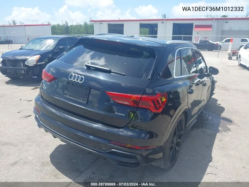 2021 Audi Q3 Premium 45 Tfsi S Line Quattro Tiptronic VIN: WA1DECF36M1012332 Lot: 39789869