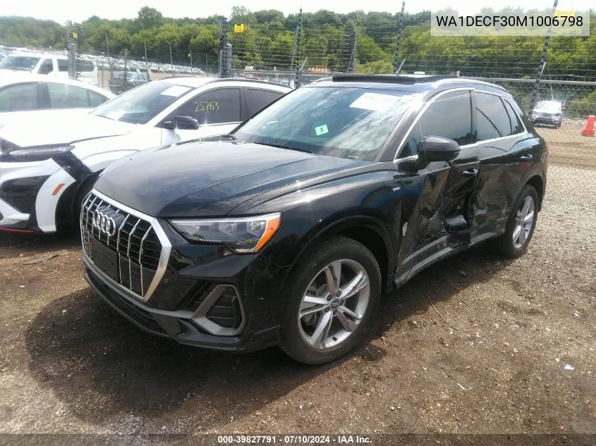 2021 Audi Q3 Premium 45 Tfsi S Line Quattro Tiptronic VIN: WA1DECF30M1006798 Lot: 39827791