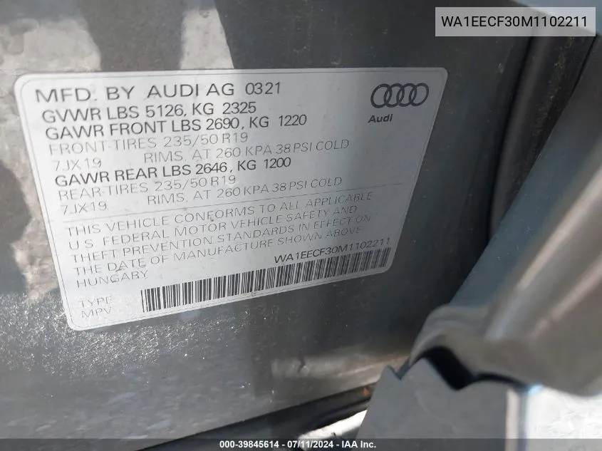 WA1EECF30M1102211 2021 Audi Q3 Premium Plus 45 Tfsi S Line Quattro Tiptronic