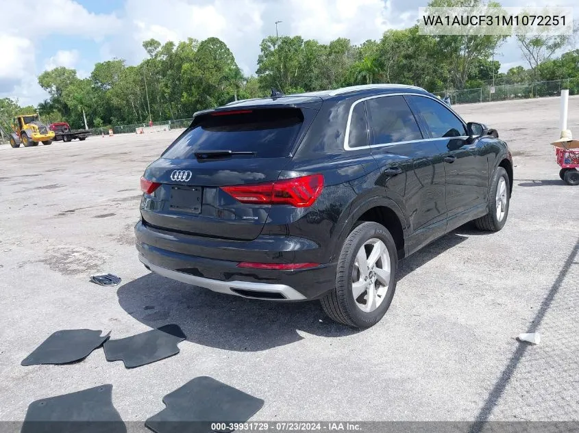 2021 Audi Q3 Premium 40 Tfsi Quattro Tiptronic VIN: WA1AUCF31M1072251 Lot: 39931729