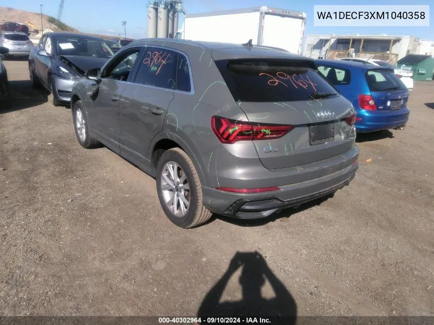 2021 Audi Q3 Premium S Line 45 VIN: WA1DECF3XM1040358 Lot: 40302964