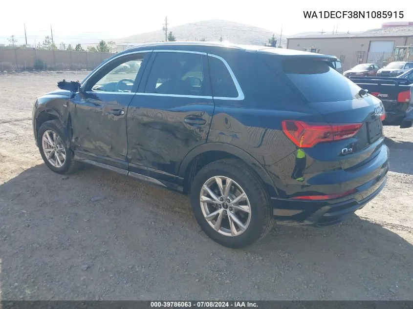 2022 Audi Q3 Premium 45 Tfsi S Line Quattro Tiptronic VIN: WA1DECF38N1085915 Lot: 39786063