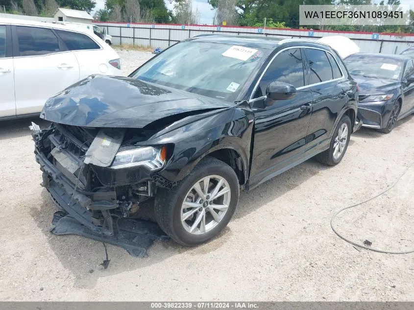 2022 Audi Q3 Premium Plus 45 Tfsi S Line Quattro Tiptronic VIN: WA1EECF36N1089451 Lot: 39822339