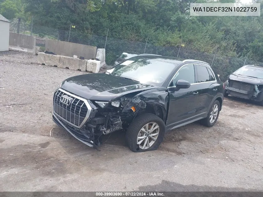 2022 Audi Q3 Premium 45 Tfsi S Line Quattro Tiptronic VIN: WA1DECF32N1022759 Lot: 39903690