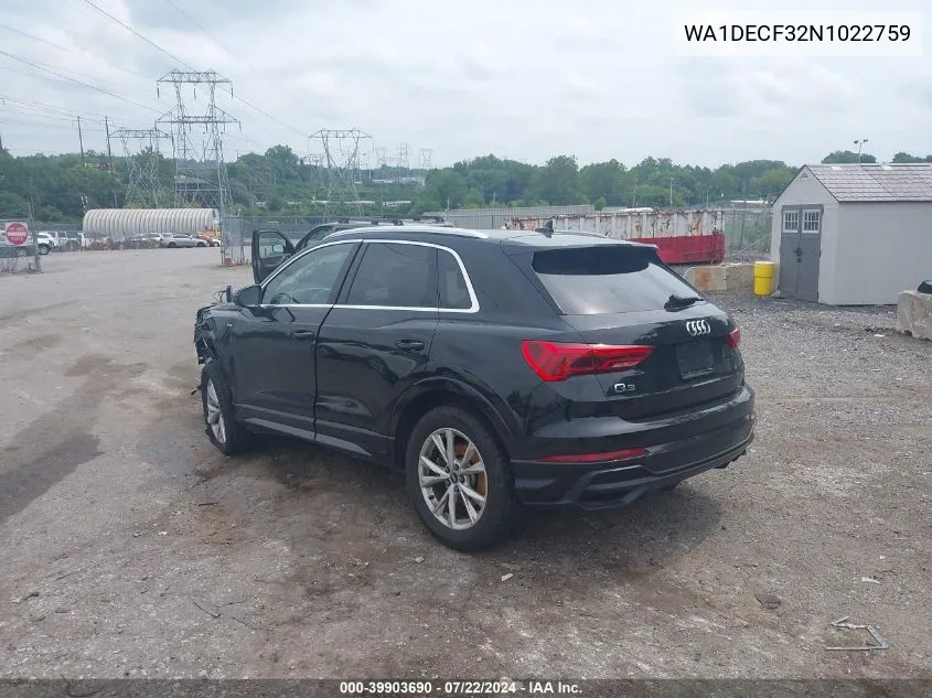 2022 Audi Q3 Premium 45 Tfsi S Line Quattro Tiptronic VIN: WA1DECF32N1022759 Lot: 39903690