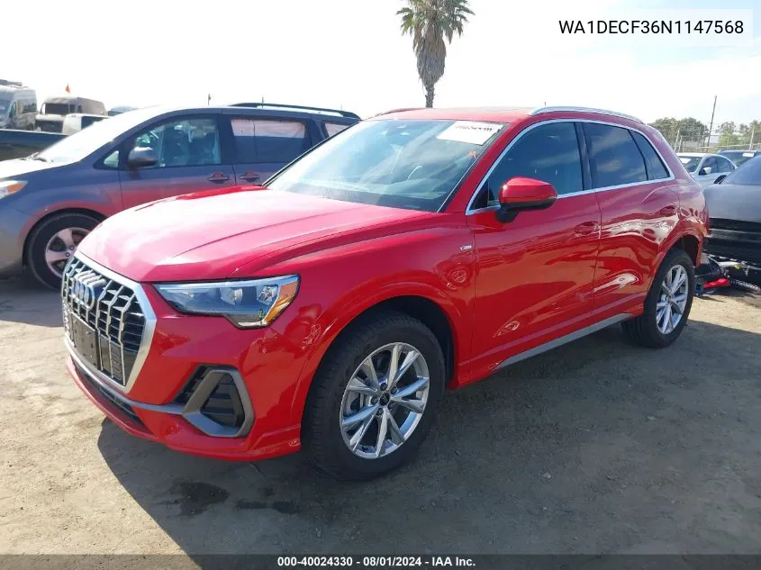 2022 Audi Q3 Premium 45 Tfsi S Line Quattro Tiptronic VIN: WA1DECF36N1147568 Lot: 40024330