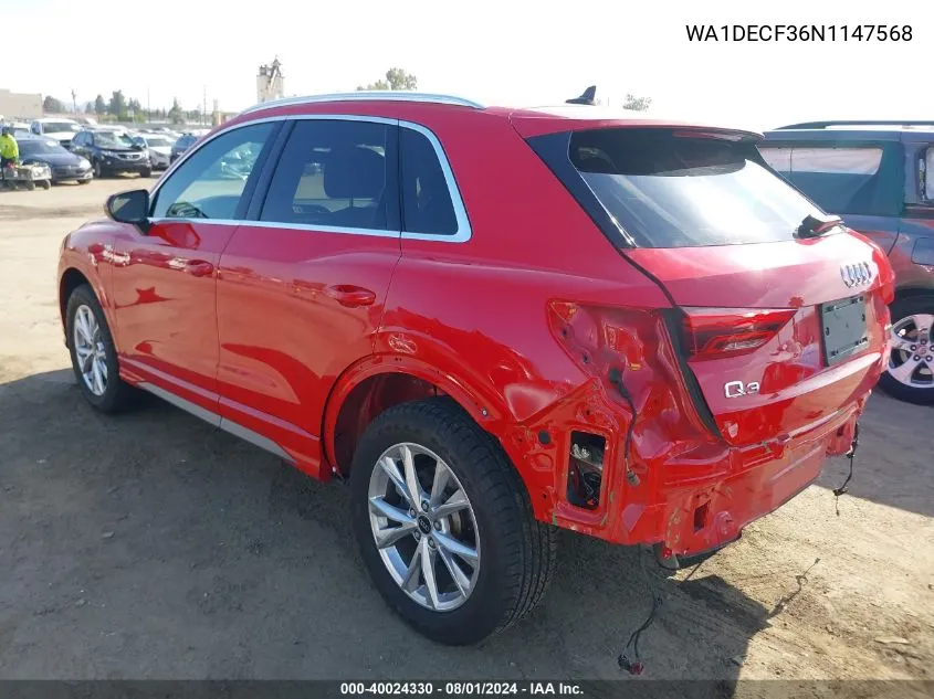 2022 Audi Q3 Premium 45 Tfsi S Line Quattro Tiptronic VIN: WA1DECF36N1147568 Lot: 40024330