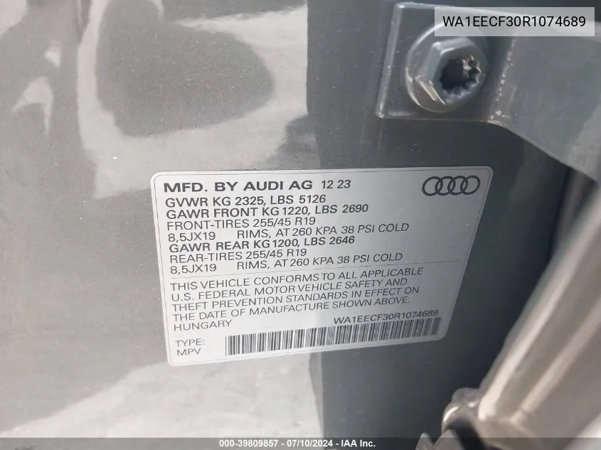 2024 Audi Q3 Premium Plus S Line 45 VIN: WA1EECF30R1074689 Lot: 39809857