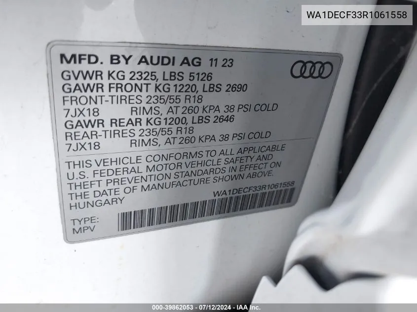 2024 Audi Q3 Premium 45 Tfsi S Line Quattro Tiptronic VIN: WA1DECF33R1061558 Lot: 39862053