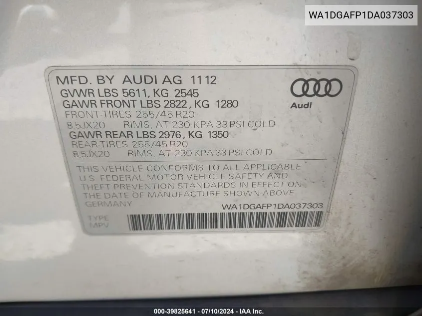 2013 Audi Q5 Premium Plus VIN: WA1DGAFP1DA037303 Lot: 39825641