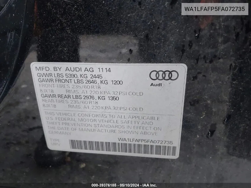 2015 Audi Q5 2.0T Premium VIN: WA1LFAFP5FA072735 Lot: 39376185