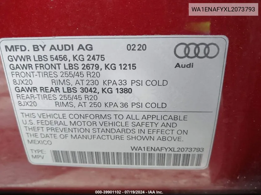 WA1ENAFYXL2073793 2020 Audi Q5 Titanium Premium Plus