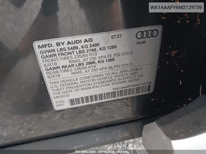 2021 Audi Q5 Premium VIN: WA1AAAFY6M2129739 Lot: 39823540