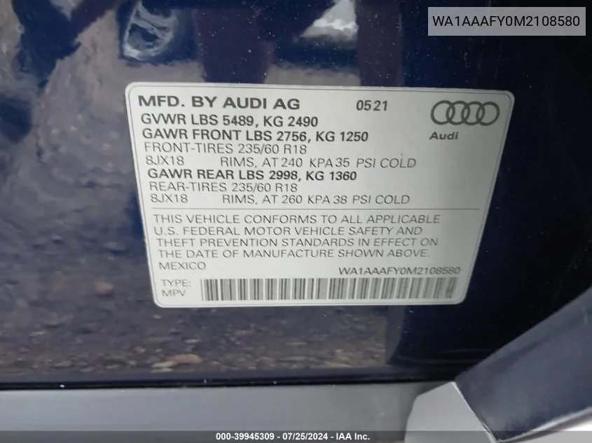 2021 Audi Q5 Premium 45 Tfsi Quattro S Tronic VIN: WA1AAAFY0M2108580 Lot: 39945309