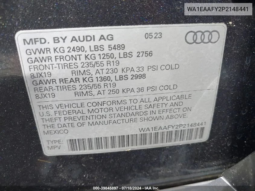 2023 Audi Q5 Premium Plus 45 Tfsi S Line Quattro VIN: WA1EAAFY2P2148441 Lot: 39845897