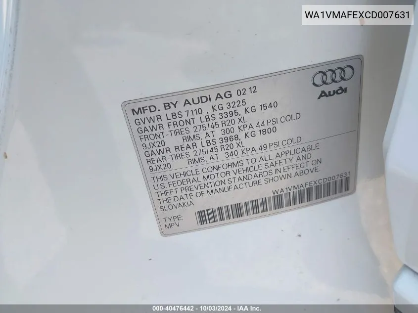 WA1VMAFEXCD007631 2012 Audi Q7 3.0 Tdi Premium