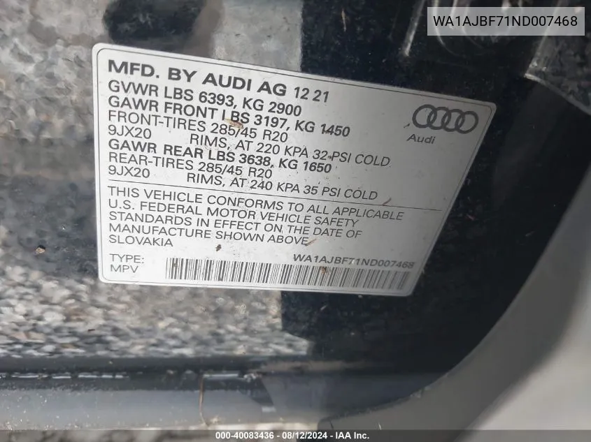 WA1AJBF71ND007468 2022 Audi Q7 Premium 45 Tfsi Quattro Tiptronic