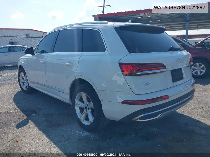 2022 Audi Q7 Premium 45 Tfsi Quattro Tiptronic VIN: WA1AJBF78ND022887 Lot: 40368900