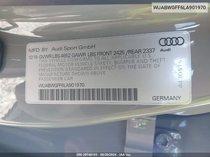 WUABWGFF6LA901970 2020 Audi Rs 3 Tfsi Quattro S Tronic