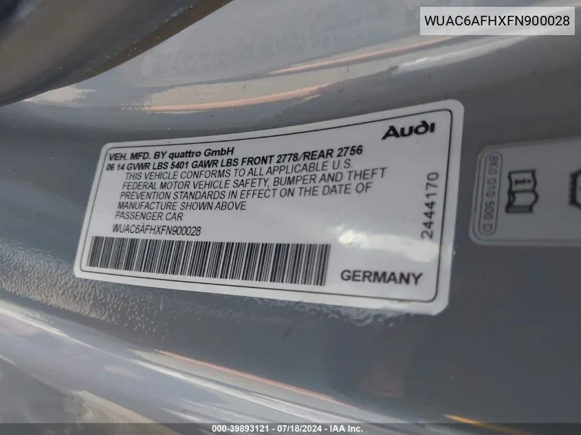 2015 Audi Rs 5 4.2 VIN: WUAC6AFHXFN900028 Lot: 39893121