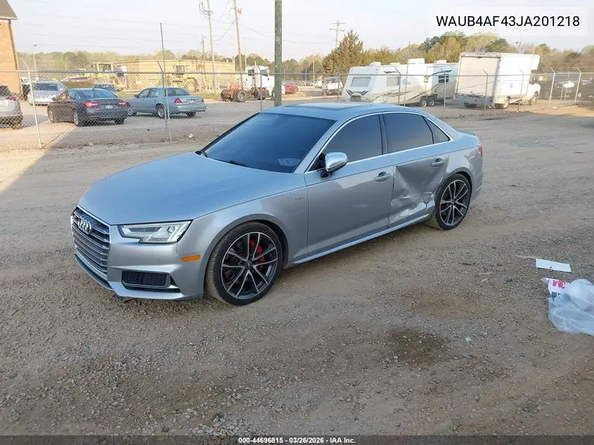 2018 Audi S4 3.0T Premium Plus VIN: WAUB4AF43JA201218 Lot: 44696815