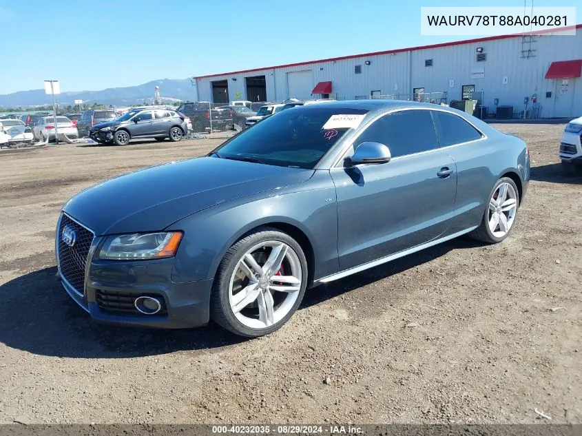 2008 Audi S5 4.2L VIN: WAURV78T88A040281 Lot: 40232035