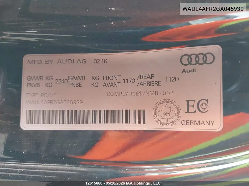 2016 Audi S5 VIN: WAUL4AFR2GA045939 Lot: 12615668