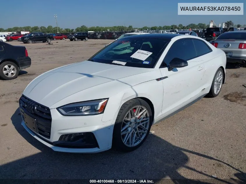 2019 Audi S5 3.0T Premium VIN: WAUR4AF53KA078450 Lot: 40100468