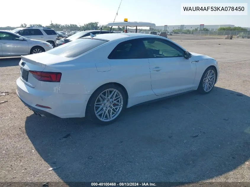 2019 Audi S5 3.0T Premium VIN: WAUR4AF53KA078450 Lot: 40100468