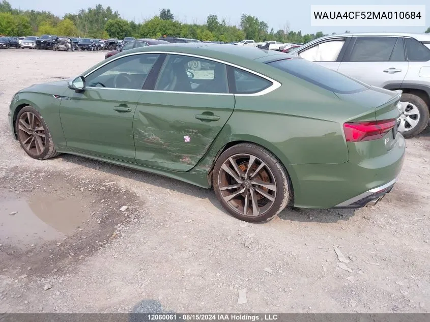 2021 Audi S5 Sportback VIN: WAUA4CF52MA010684 Lot: 12060061