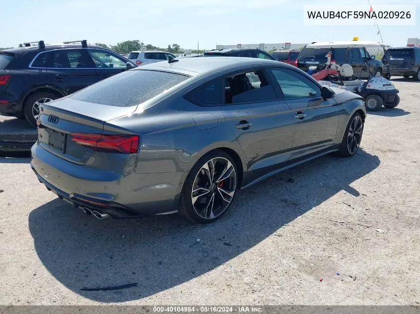 2022 Audi S5 Sportback Prestige Tfsi Quattro Tiptronic VIN: WAUB4CF59NA020926 Lot: 40104984