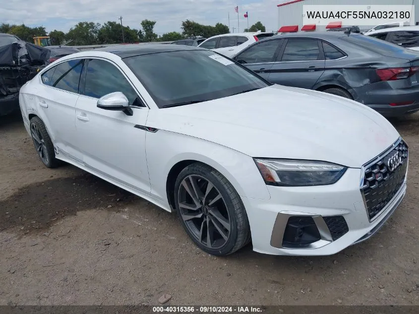 2022 Audi S5 Sportback Premium Tfsi Quattro Tiptronic VIN: WAUA4CF55NA032180 Lot: 40315356