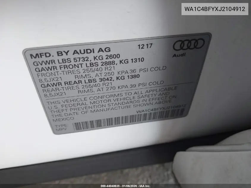 2018 Audi Sq5 3.0T Premium Plus VIN: WA1C4BFYXJ2104912 Lot: 44040635